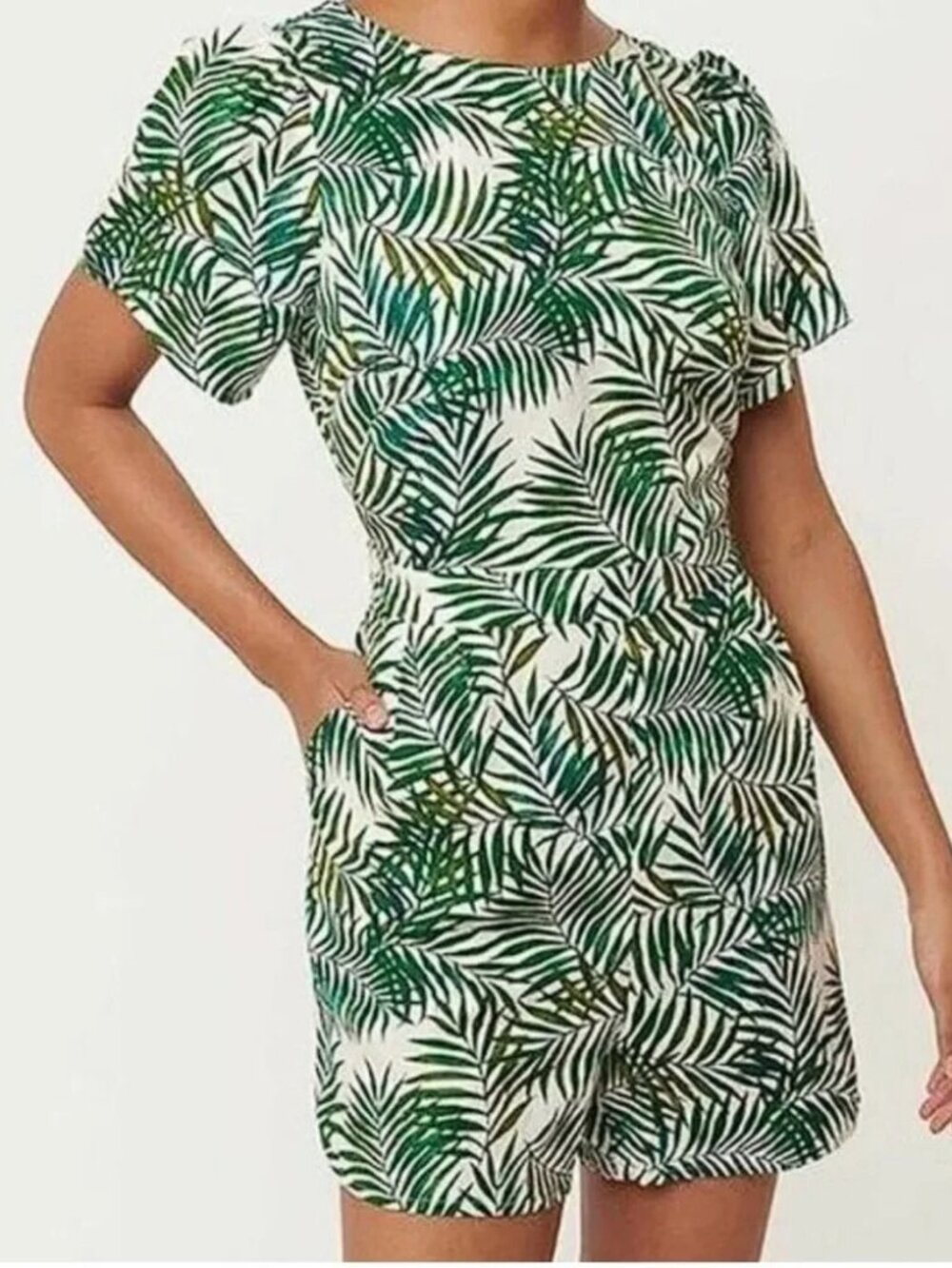 NWT LOFT Green Palm Print Romper with Pockets | Size L